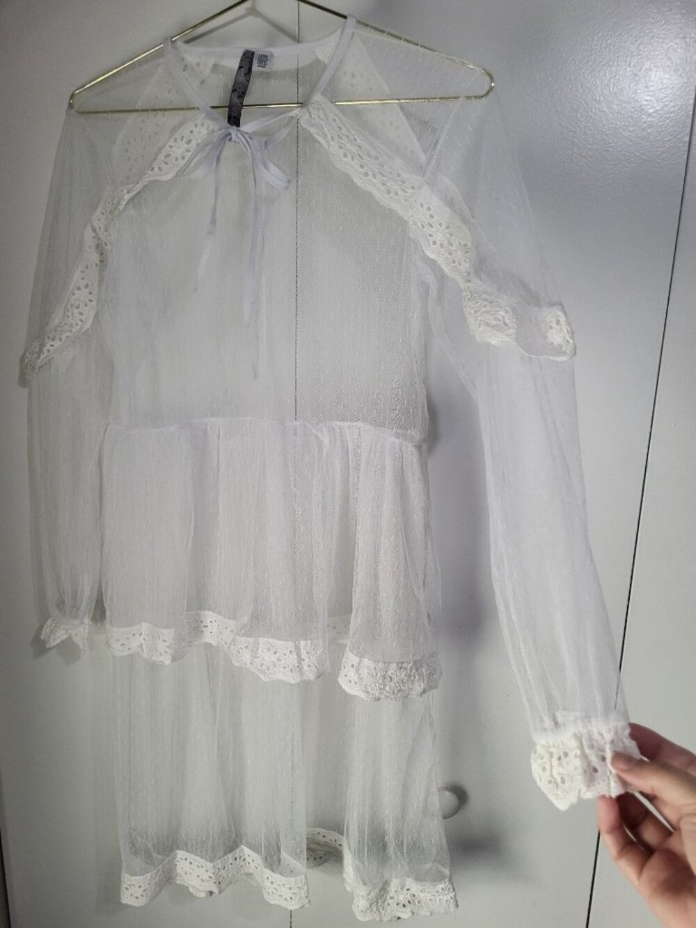 Women's M Sheer Lace Ruffle Tiered Dress Boho Hippie Ethereal Angelcore Festival - Picture 2 of 9